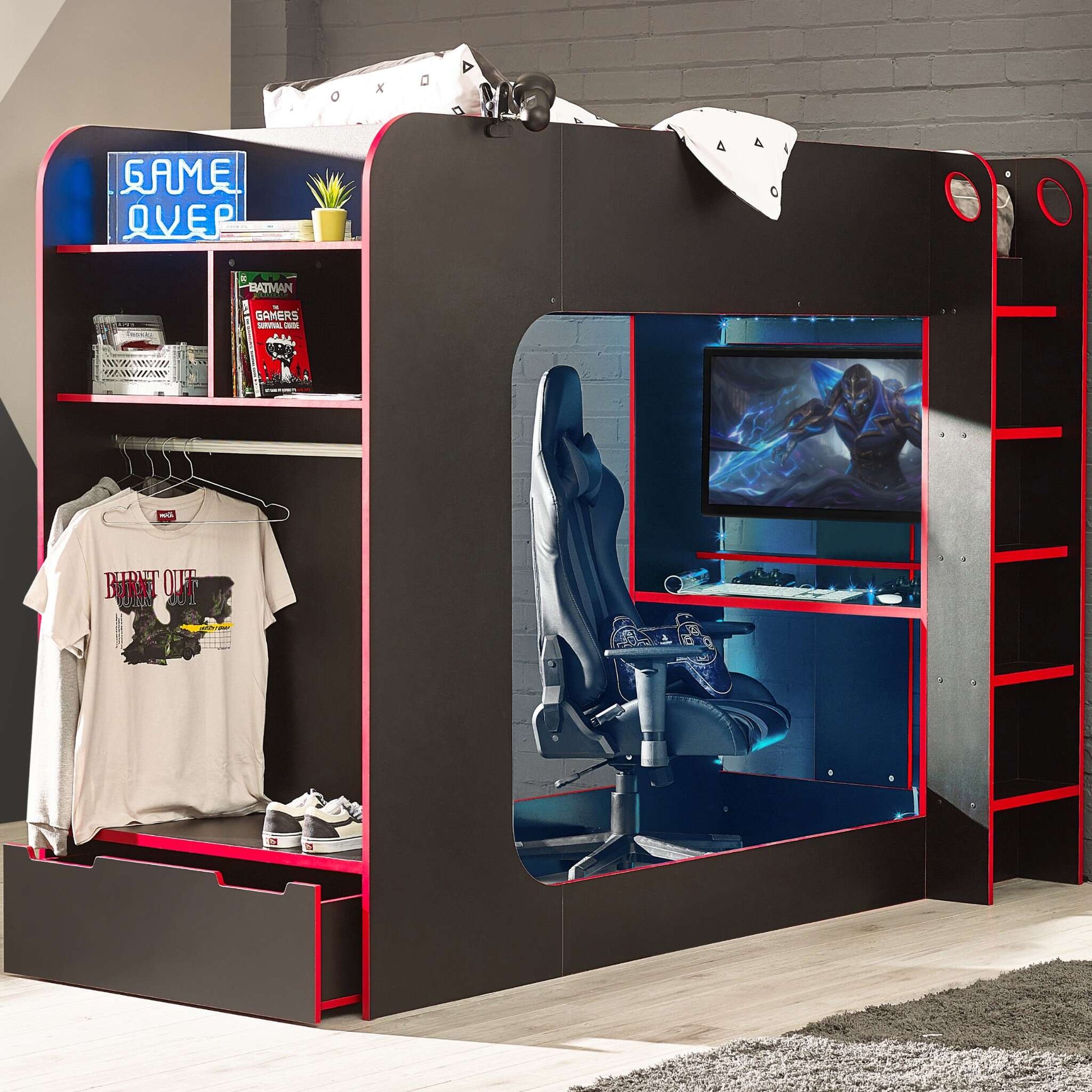Impact High Sleeper Gaming Bed in black and red with desk and storage in a bedroom setting