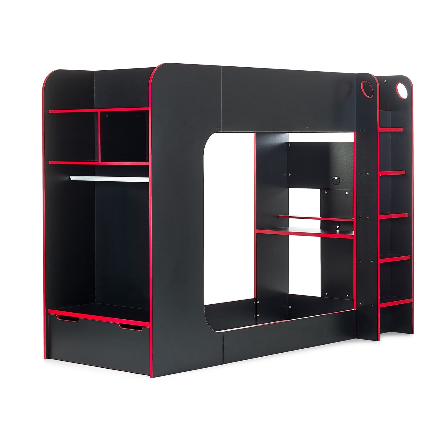 Impact High Sleeper Gaming Bed in black and red on a plain background