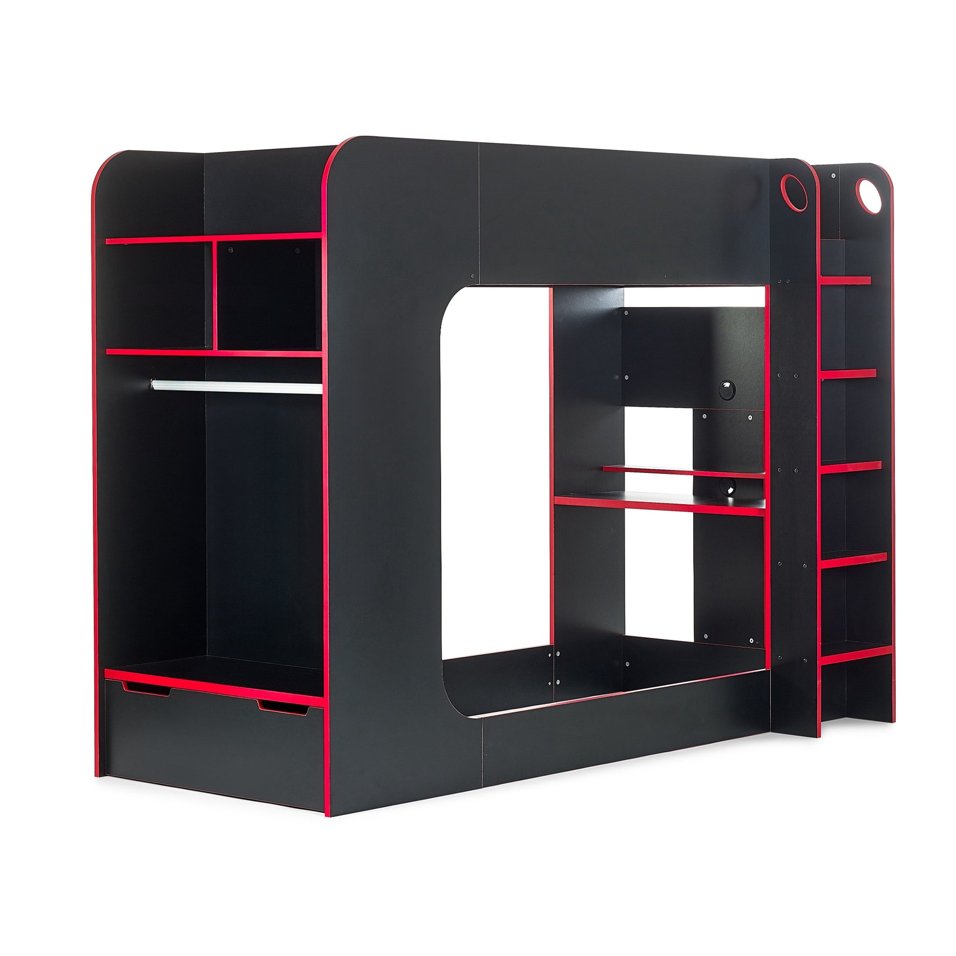 Impact High Sleeper Gaming Bed in black and red on a plain background