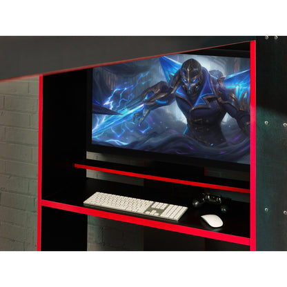 Desk area of Impact High Sleeper Gaming Bed in black and red