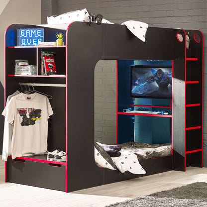 Second mattress beneath Impact High Sleeper Gaming Bed in black and red creating a bunk bed