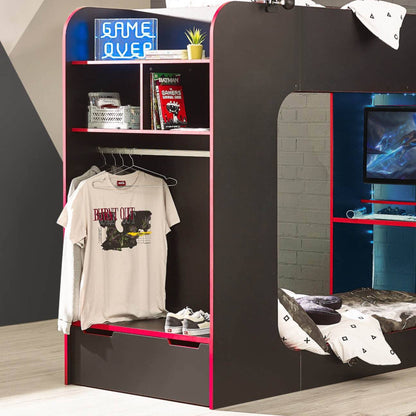 Storage shelves, drawer and clothes rail of Impact High Sleeper Gaming Bed in black and red