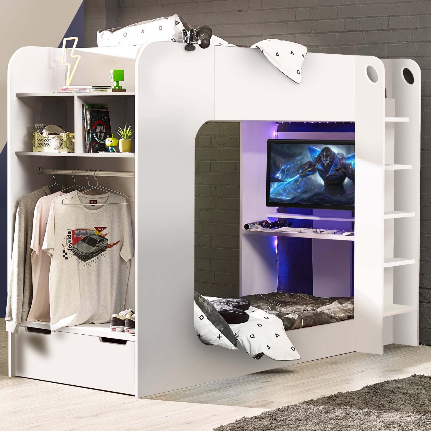 Impact High Sleeper Gaming Bed in white with desk and storage in a bedroom setting