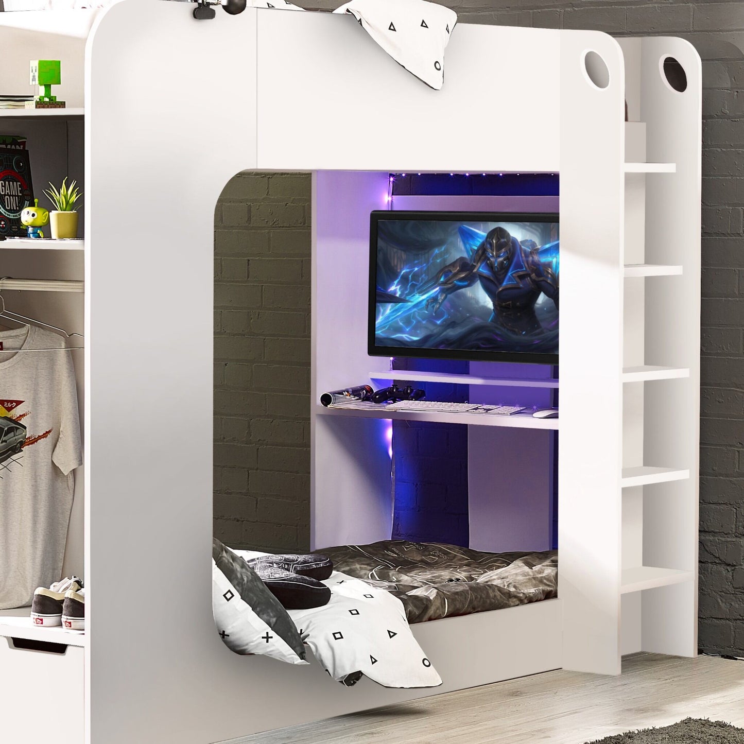 Second mattress beneath Impact High Sleeper Gaming Bed in white creating a bunk bed