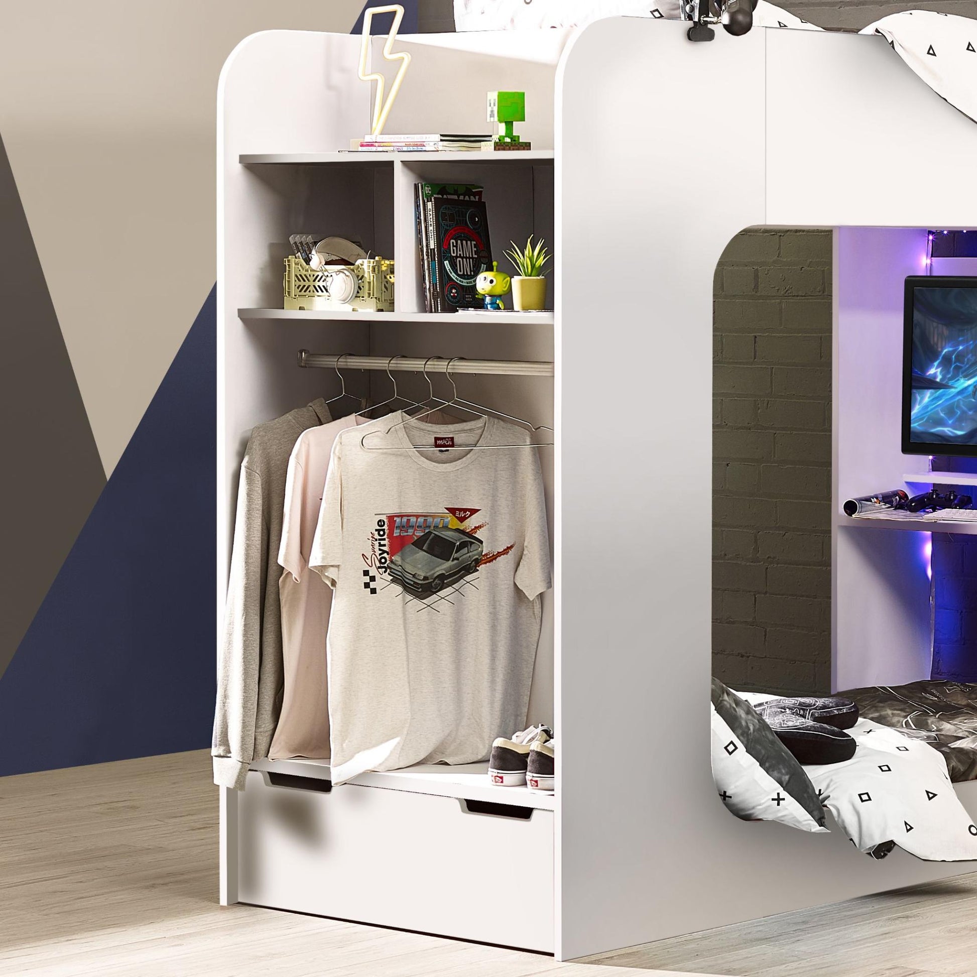 Storage shelves, drawer and clothes rail of Impact High Sleeper Gaming Bed in white