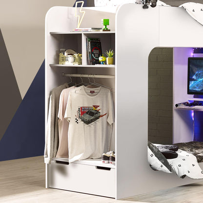 Storage shelves, drawer and clothes rail of Impact High Sleeper Gaming Bed in white