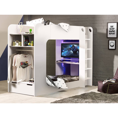 Impact High Sleeper Gaming Bed in white shown in a wider bedroom setting