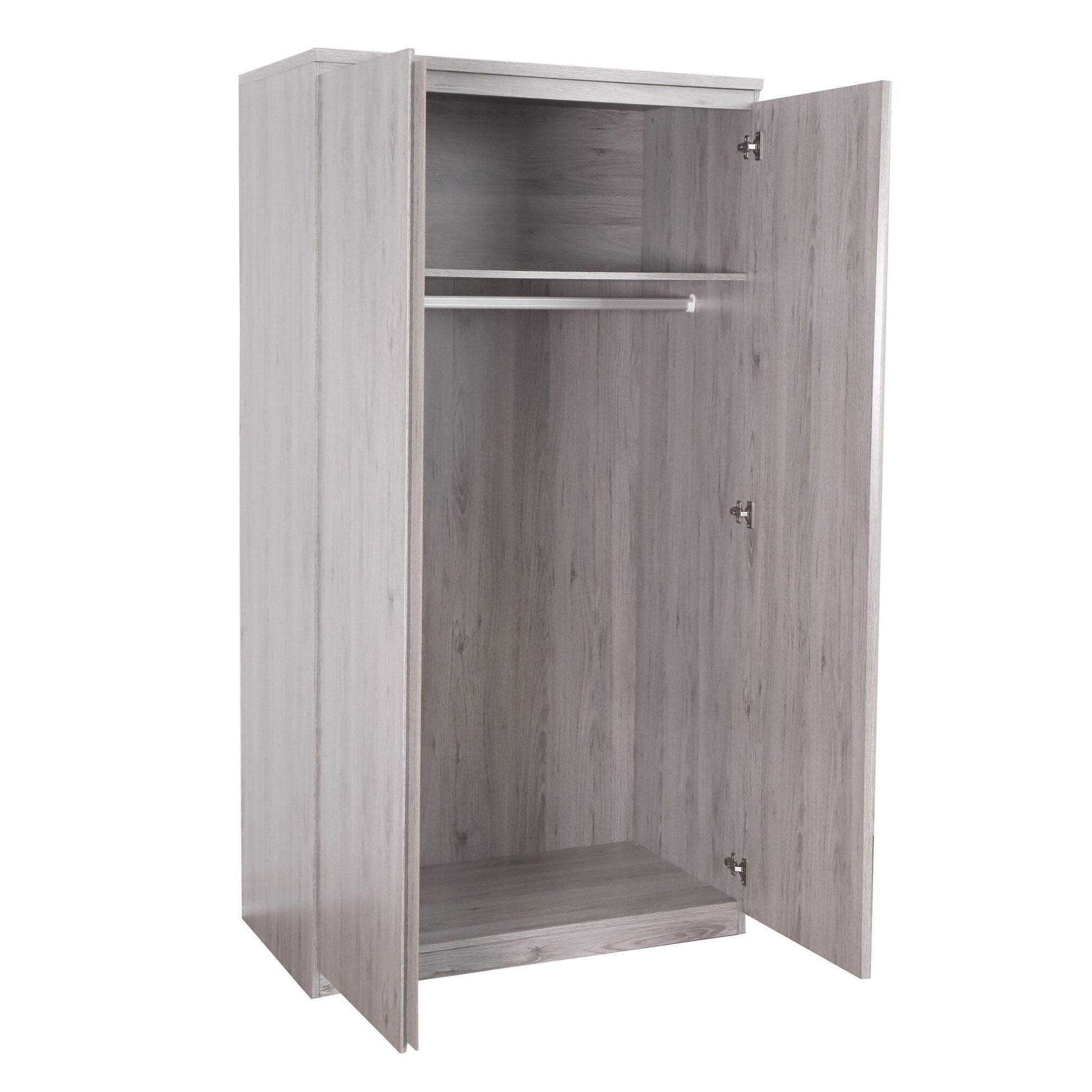Jupiter 2-Door Wardrobe in grey oak with doors open showing clothes rail and shelf