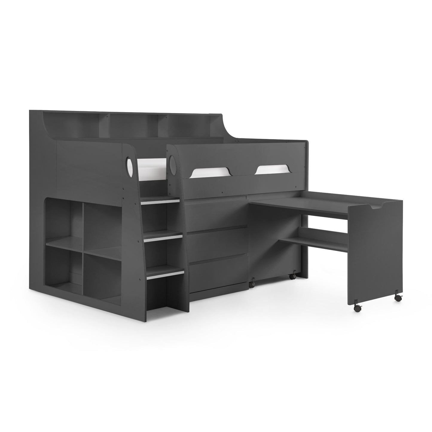 Jupiter Mid Sleeper Storage Bed in anthracite with pull-out desk extended