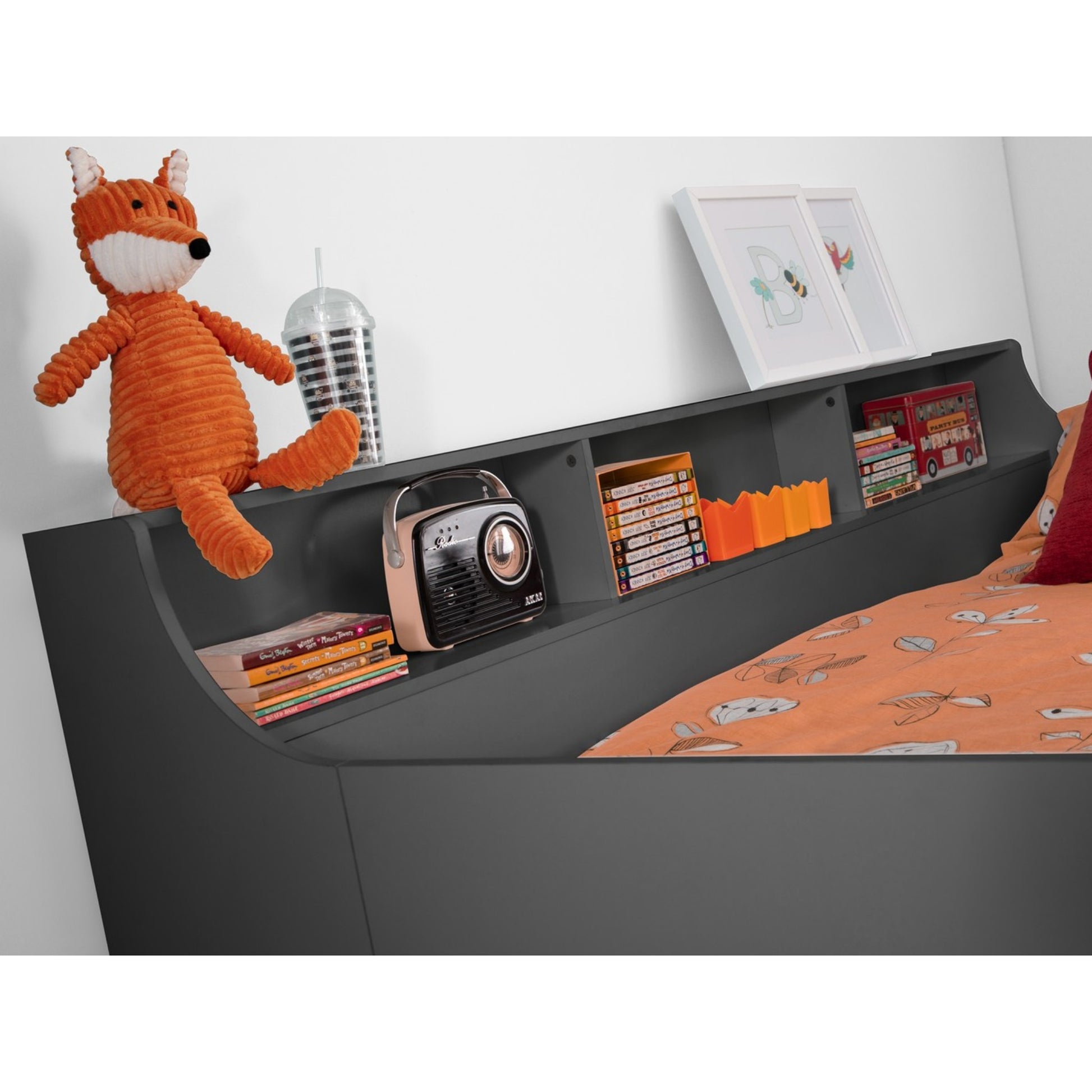 Shelf detail of this children's mid sleeper storage bed in anthracite