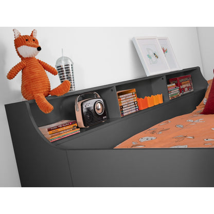 Shelf detail of this children's mid sleeper storage bed in anthracite