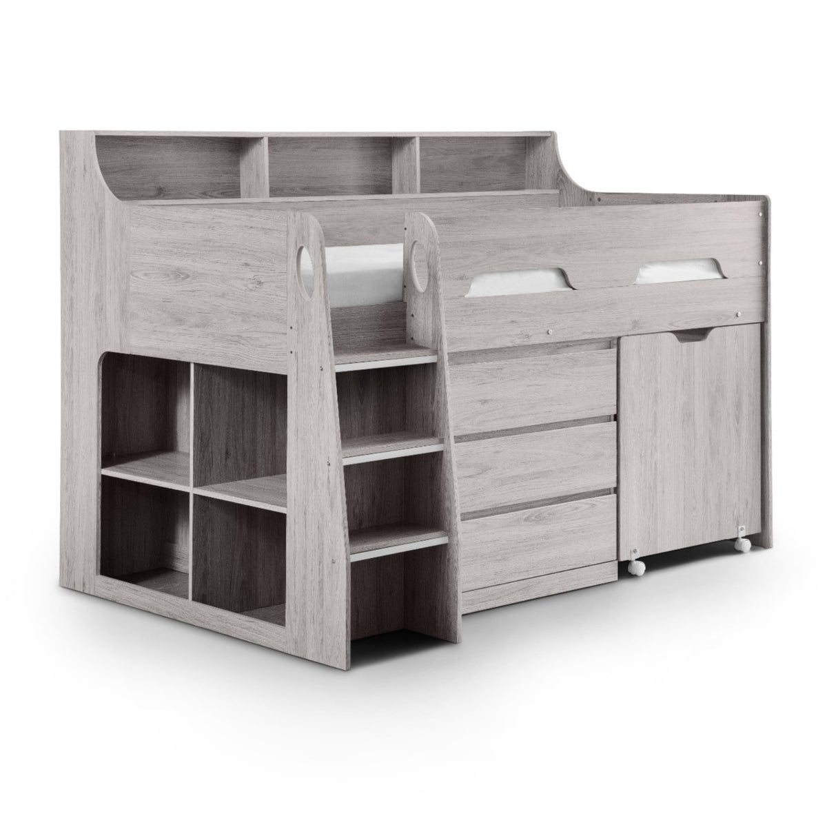 Angled view of Jupiter Mid Sleeper Storage Bed in grey oak