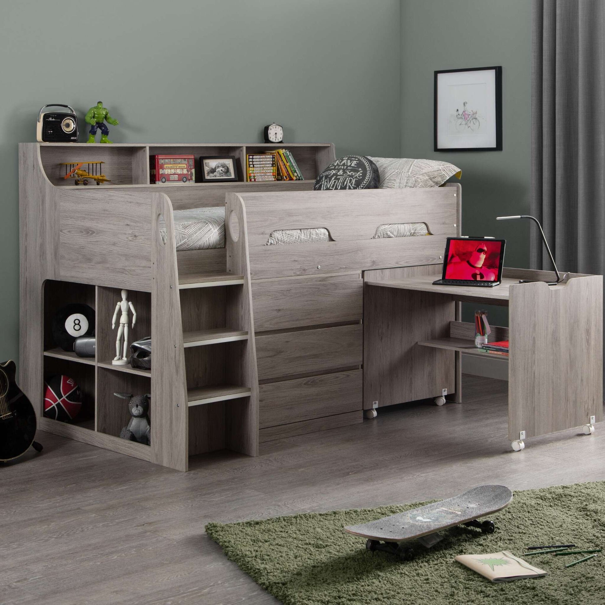 Jupiter Mid Sleeper Storage Bed in grey oak shown in a bedroom setting