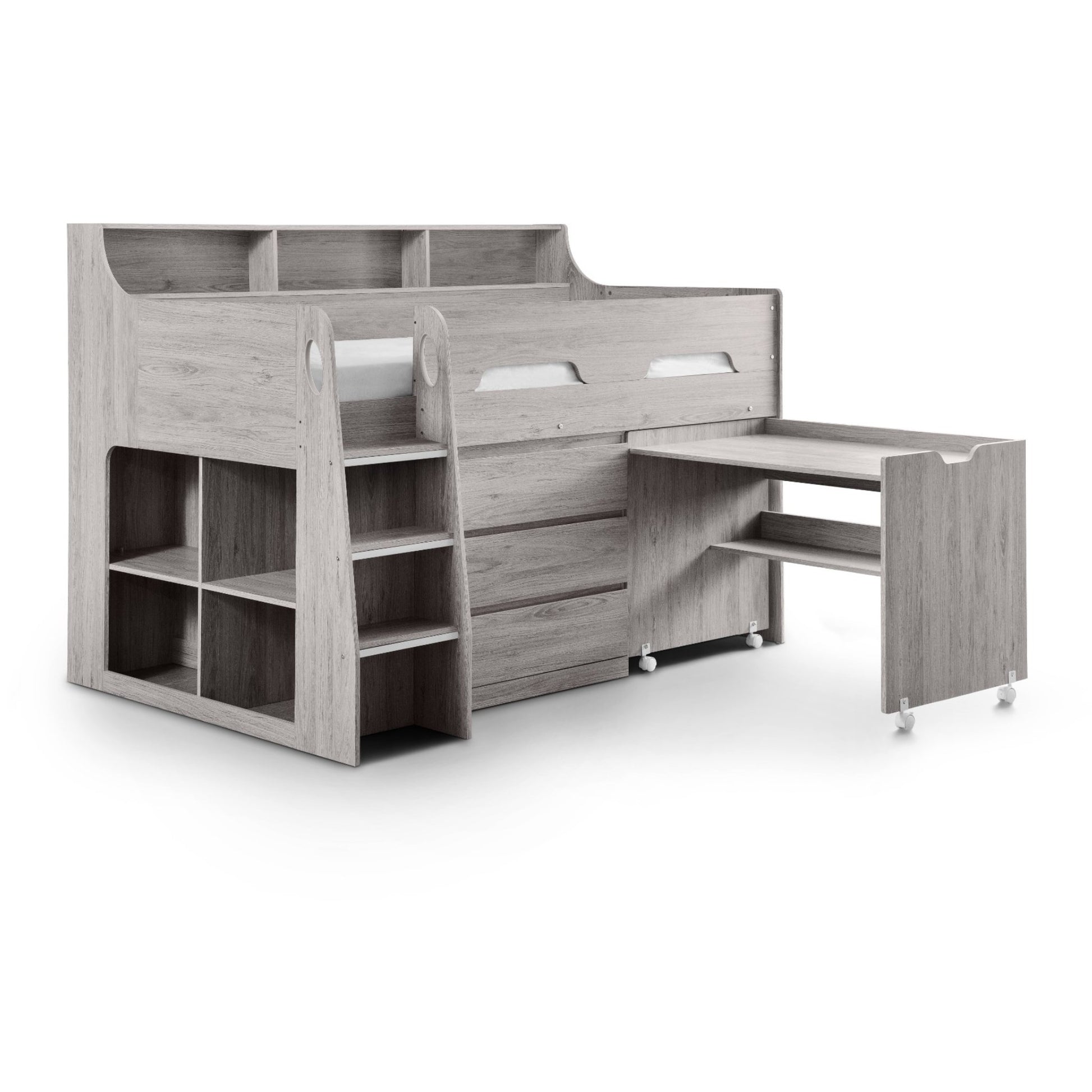 Jupiter Mid Sleeper Storage Bed in grey oak with pull-out desk extended