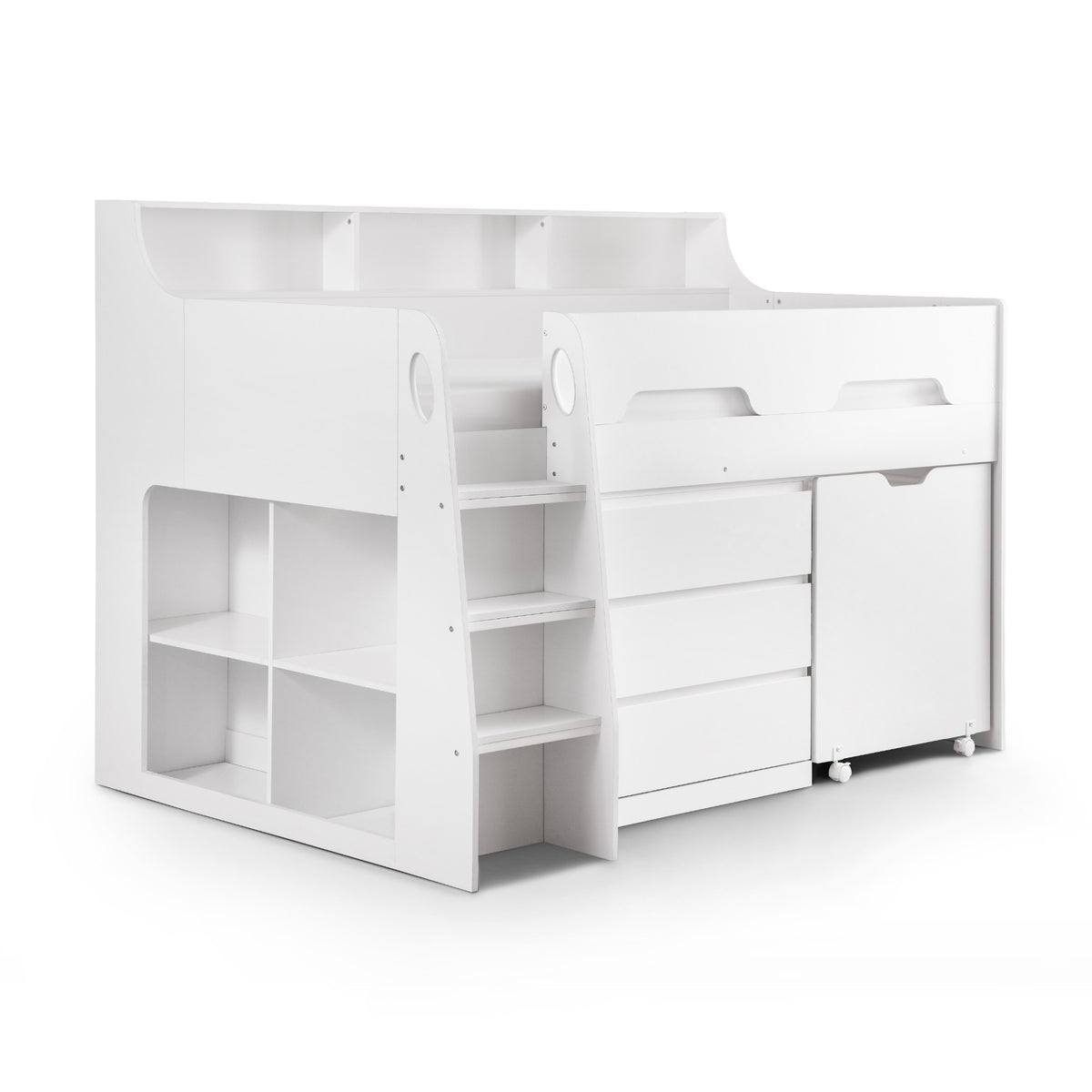 Angled view of Jupiter Mid Sleeper Storage Bed in white