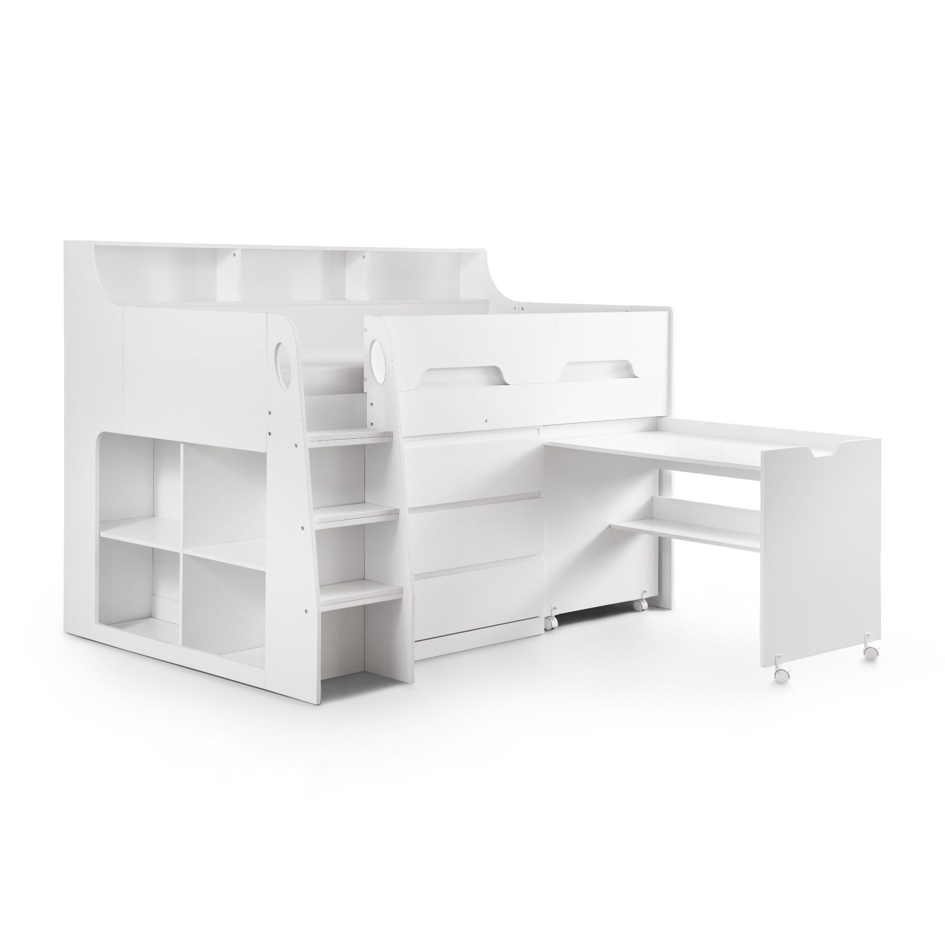 Jupiter Mid Sleeper Storage Bed in white with pull-out desk extended