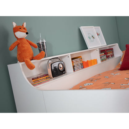 Shelf detail of this children's mid sleeper storage bed in white