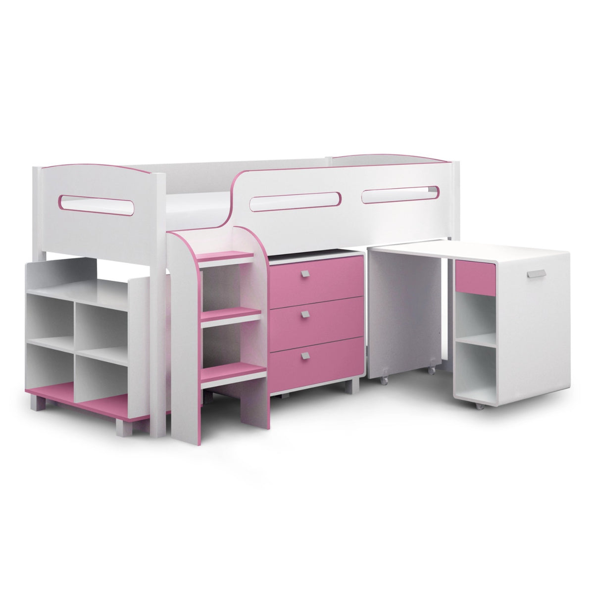 Angled view of Kimbo Mid Sleeper Cabin Bed in white and pink