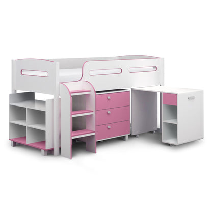 Angled view of Kimbo Mid Sleeper Cabin Bed in white and pink