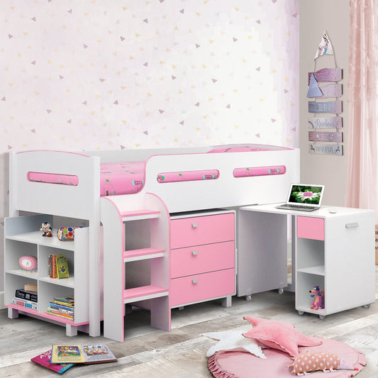 Kimbo Mid Sleeper Cabin Bed in white and pink shown in a bedroom setting