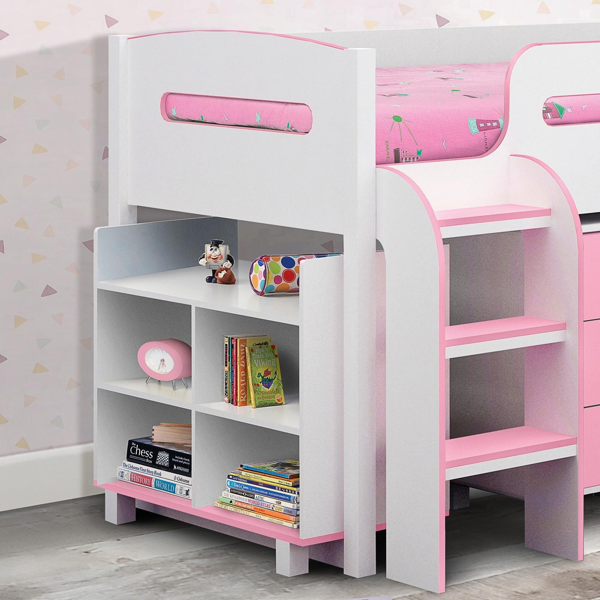 Moveable shelving unit of Kimbo Mid Sleeper Cabin Bed in white and pink