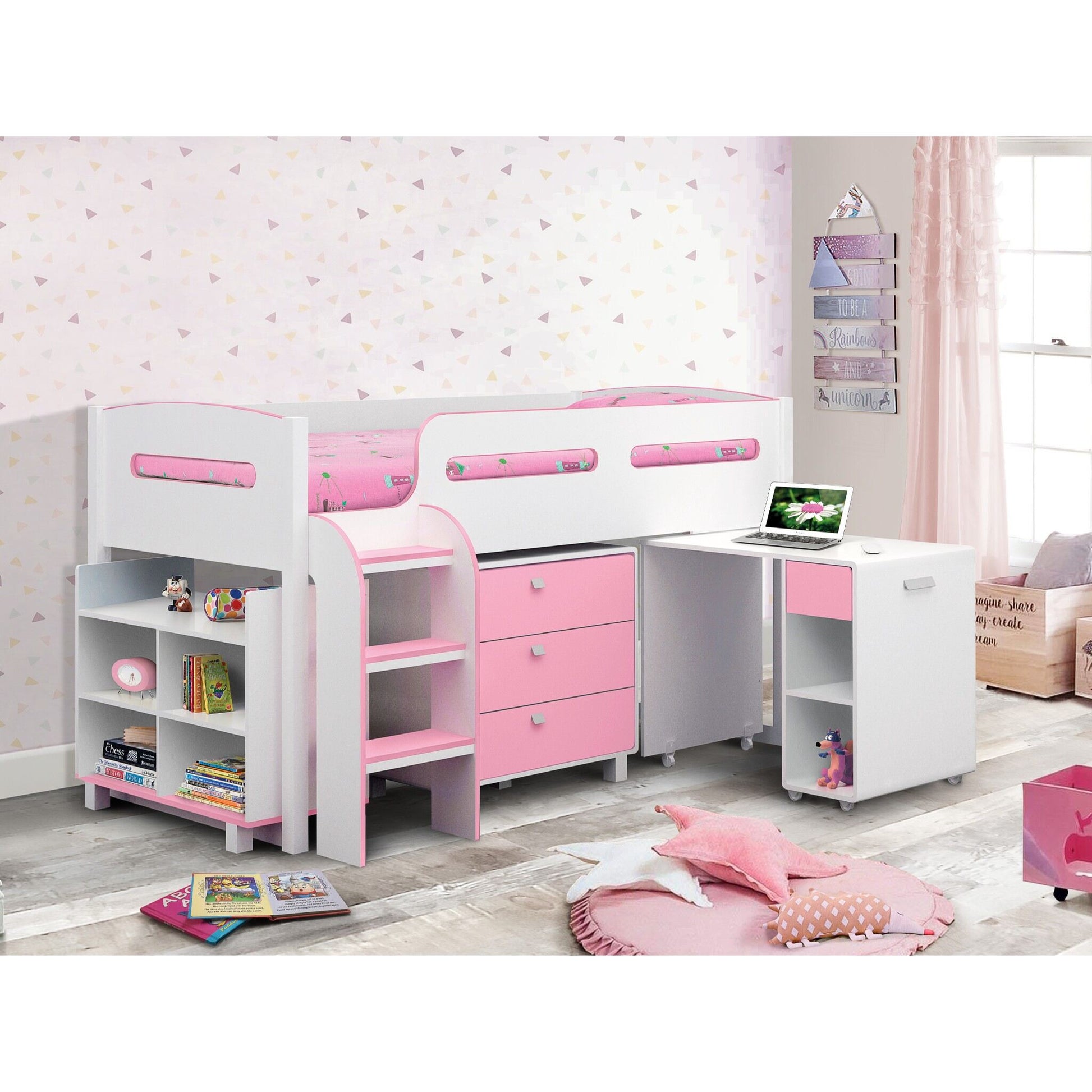 Wider view of the white and pink Kimbo Mid Sleeper Cabin Bed for children