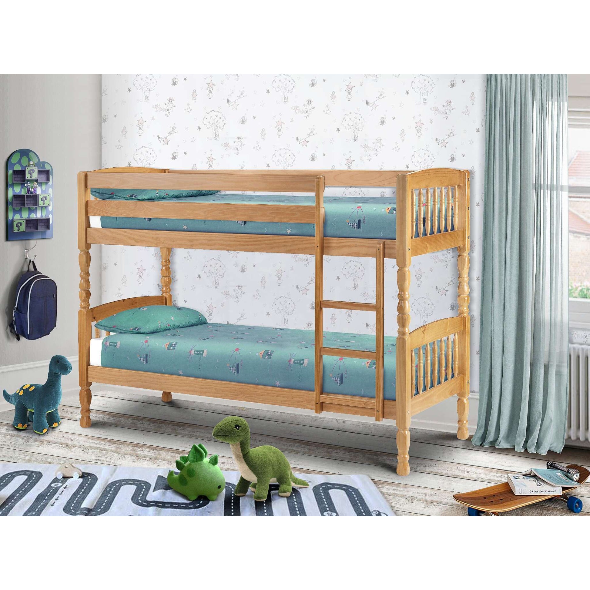 Wide view of the Lincoln Pine Bunk Bed for children finished in antique lacquer