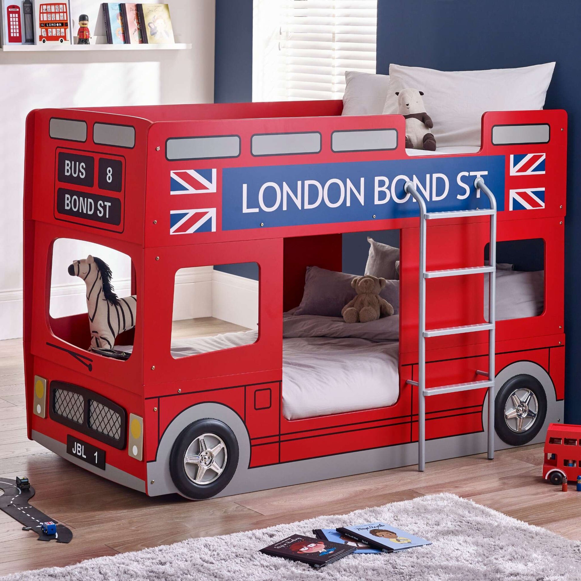 London Bus Bunk Bed in red shown in a child’s bedroom setting