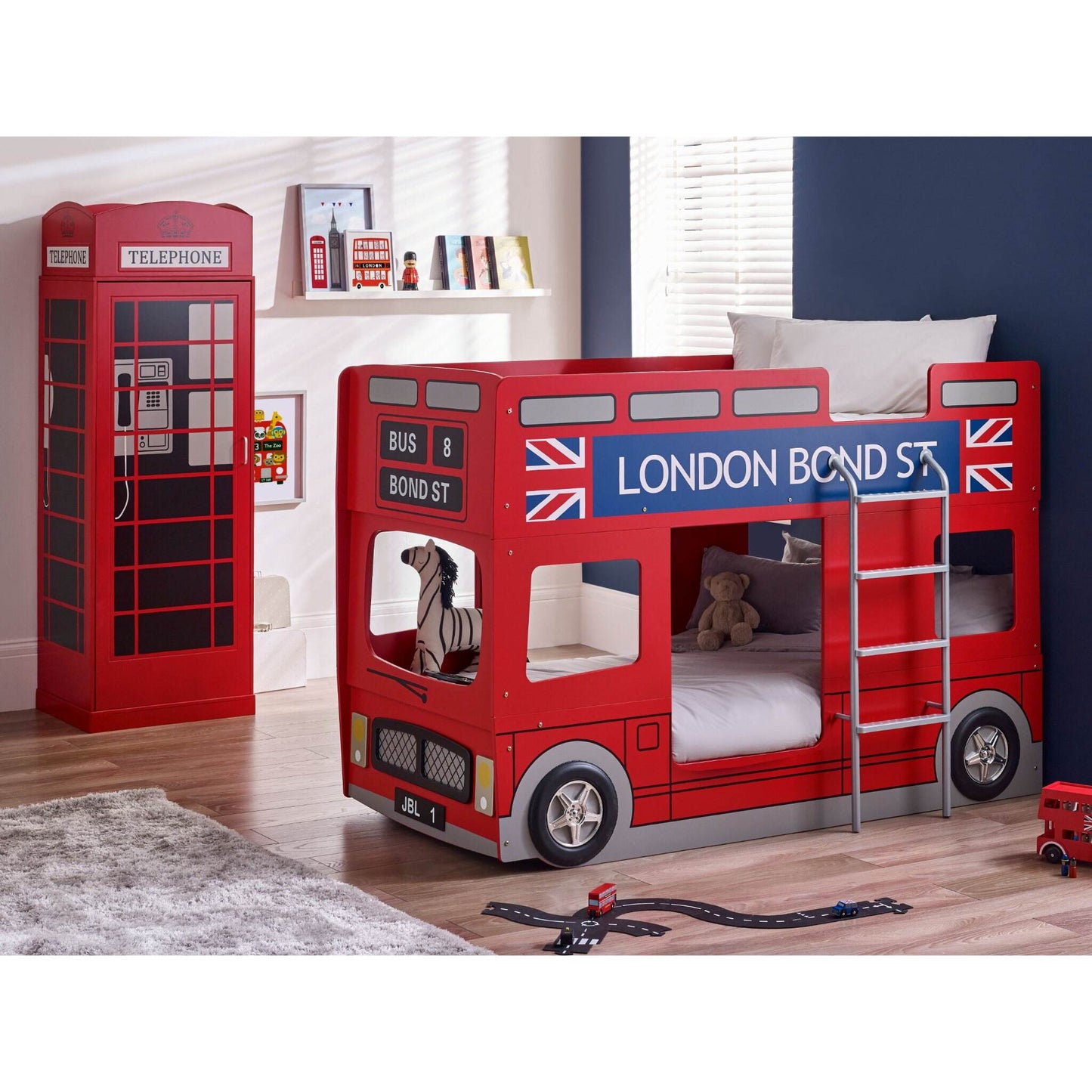 London Bus Bunk Bed in red shown in a wider bedroom setting with a telephone box wardrobe