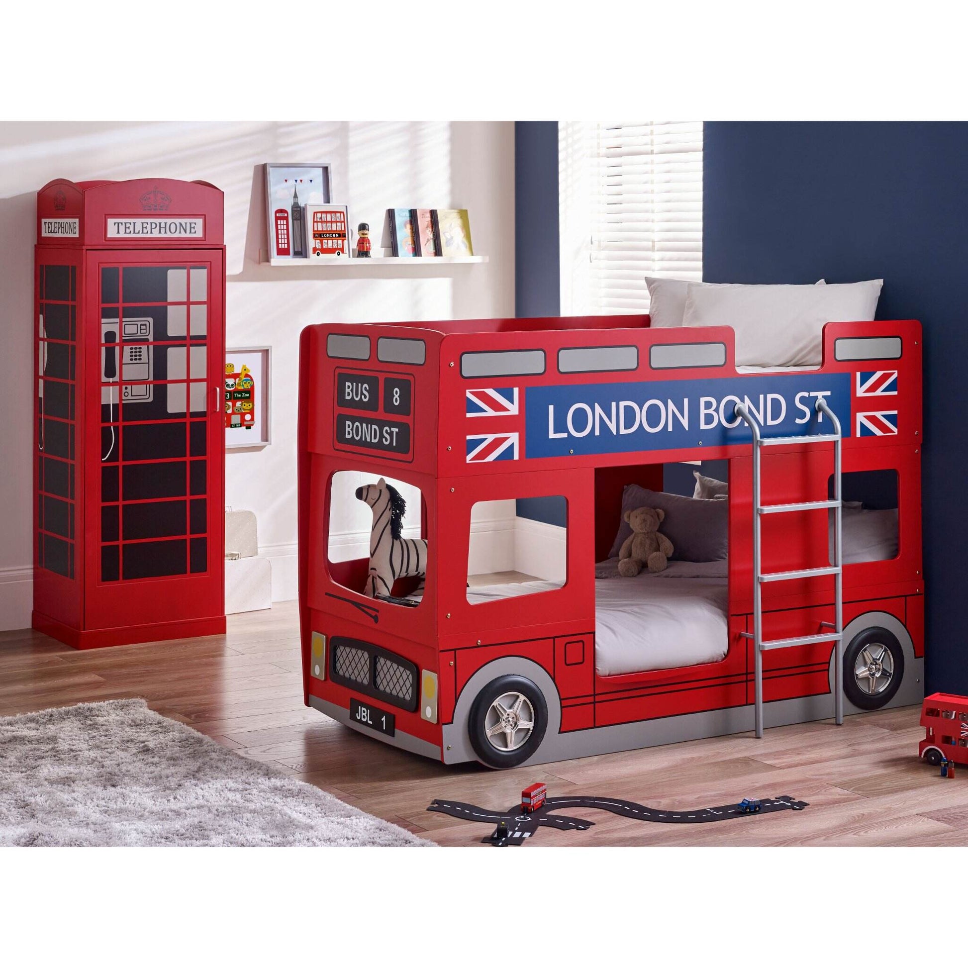 London Bus Bunk Bed in red shown in a wider bedroom setting with a telephone box wardrobe