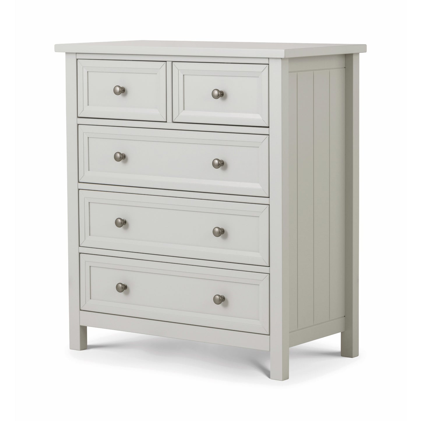Front corner view of Maine 3 plus 2 drawer chest in dove grey