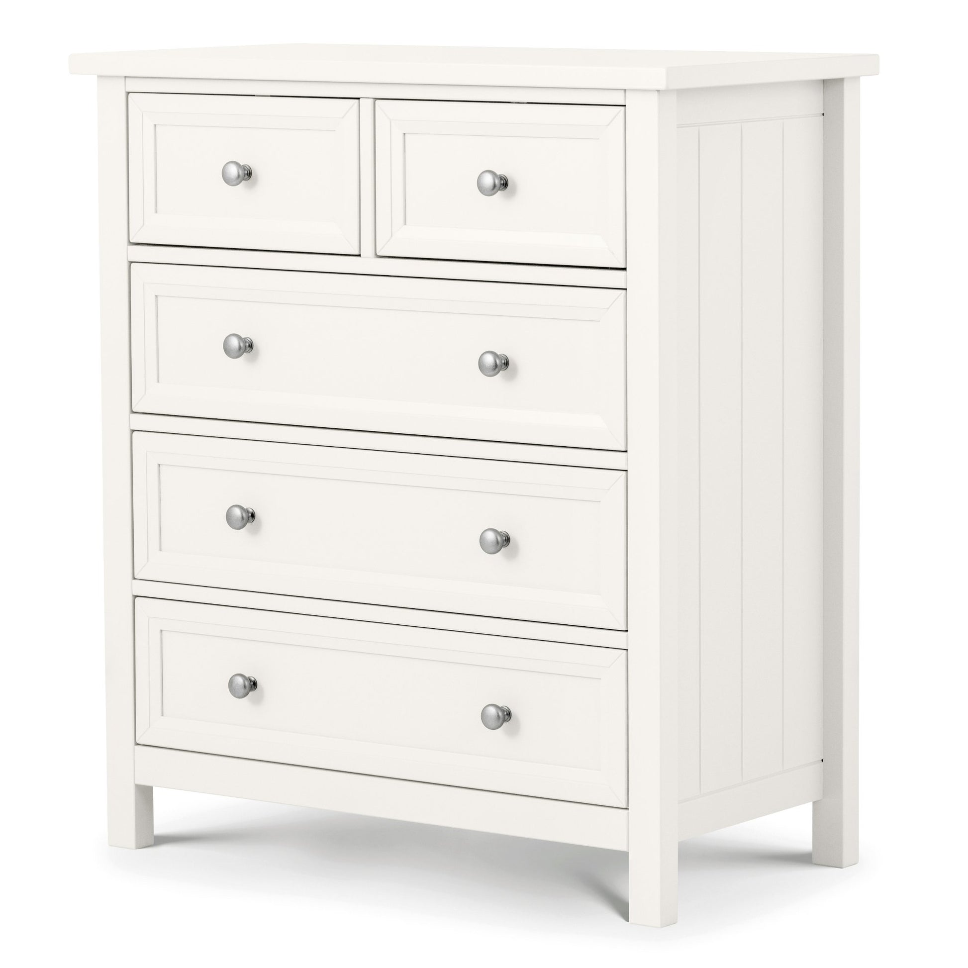Front corner view of Maine 3 plus 2 drawer chest in surf white