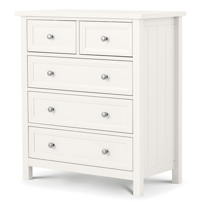 Front corner view of Maine 3 plus 2 drawer chest in surf white