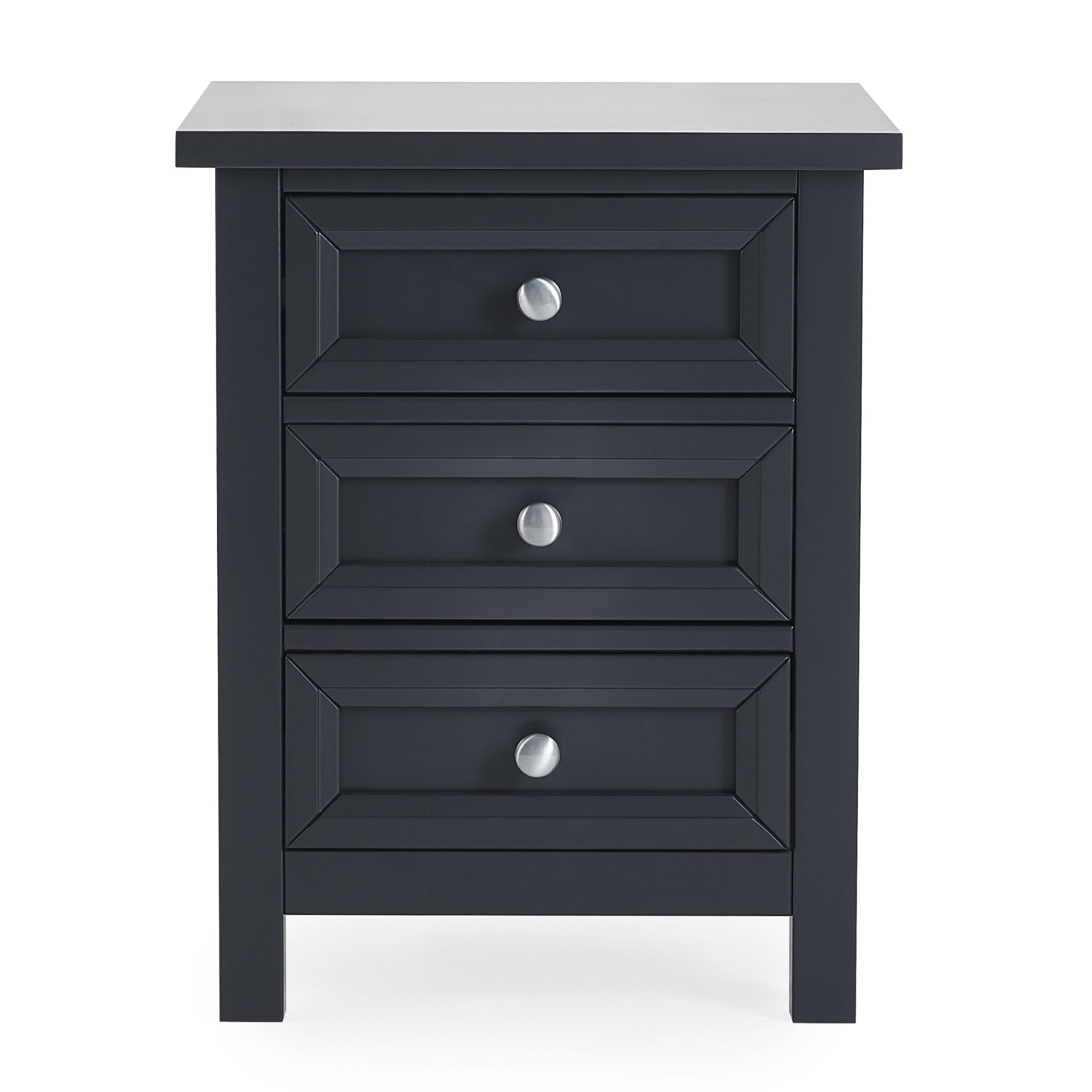 Bedside cabinet with 3 equal drawers, anthracite finish with silver metal handles. Part of the Maine bedroom range.