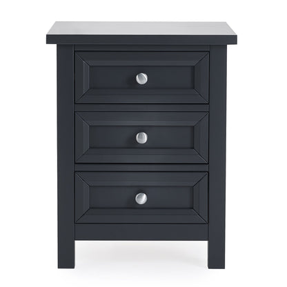 Bedside cabinet with 3 equal drawers, anthracite finish with silver metal handles. Part of the Maine bedroom range.