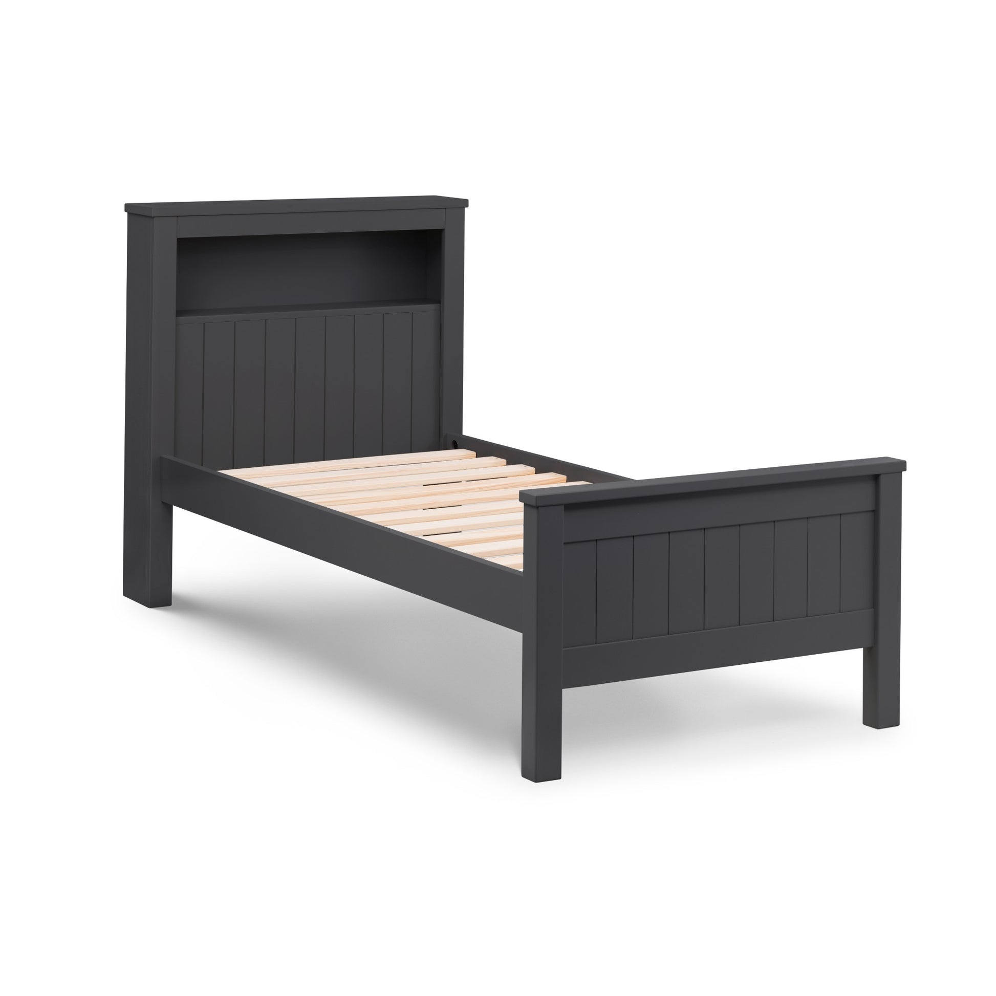 Angled view of Maine Bookcase Single Bed in anthracite