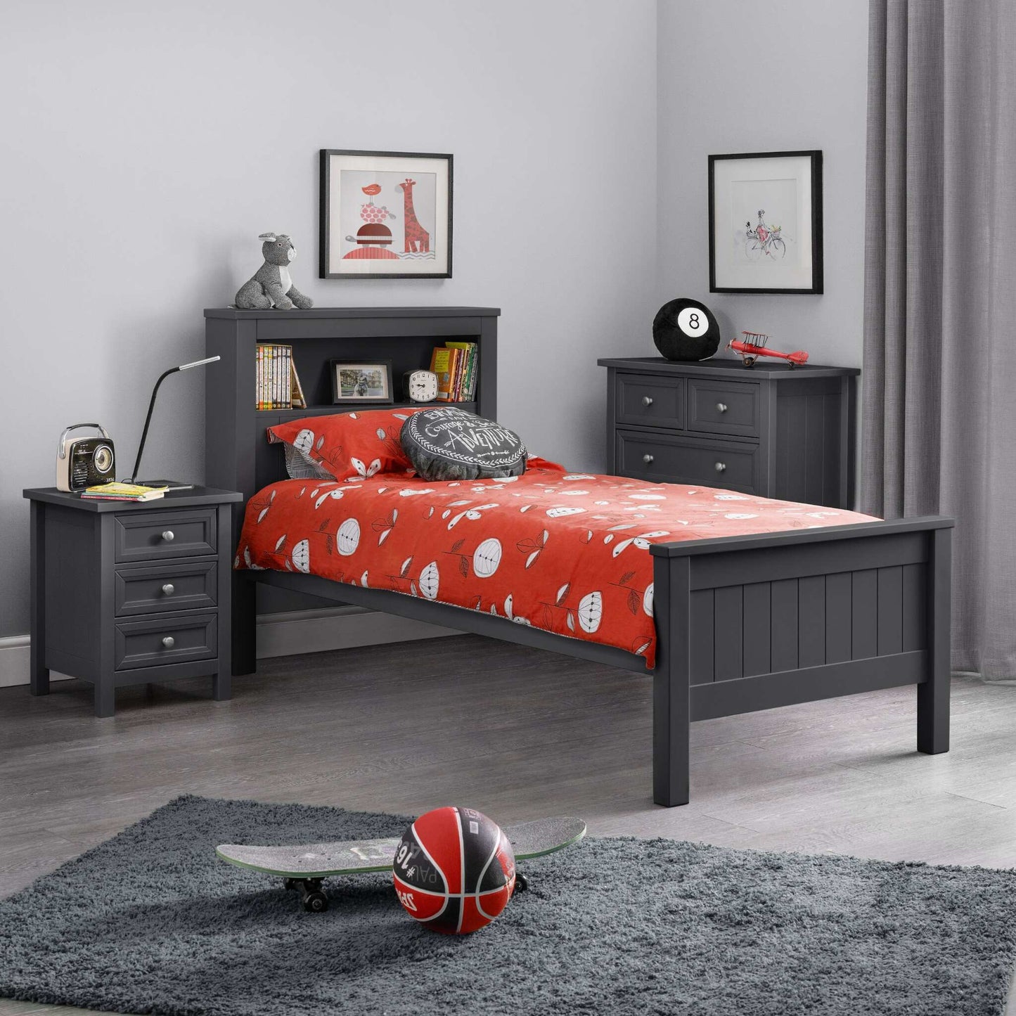Maine Bookcase Single Bed in anthracite shown in a child's bedroom setting