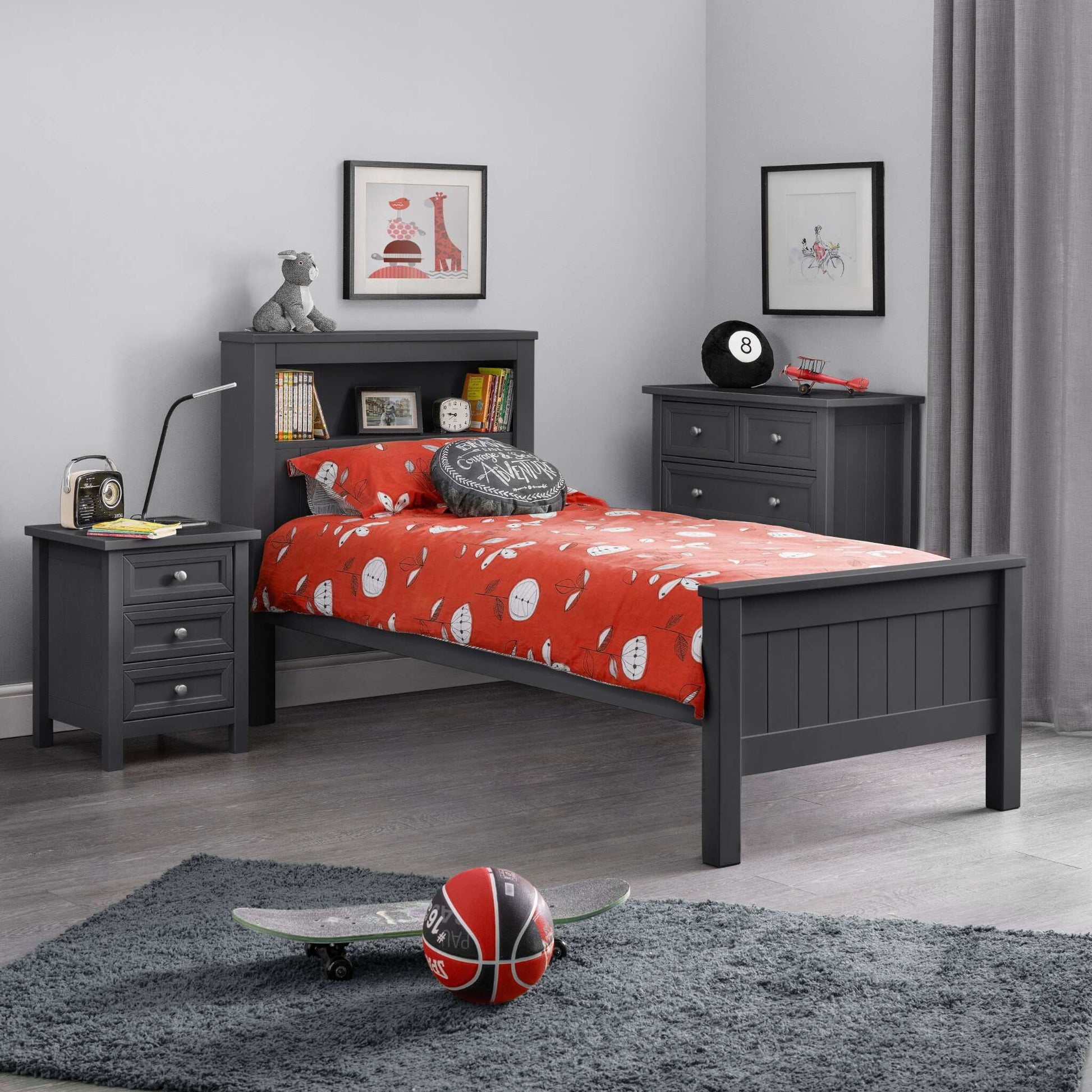 Maine Bookcase Single Bed in anthracite shown in a child's bedroom setting
