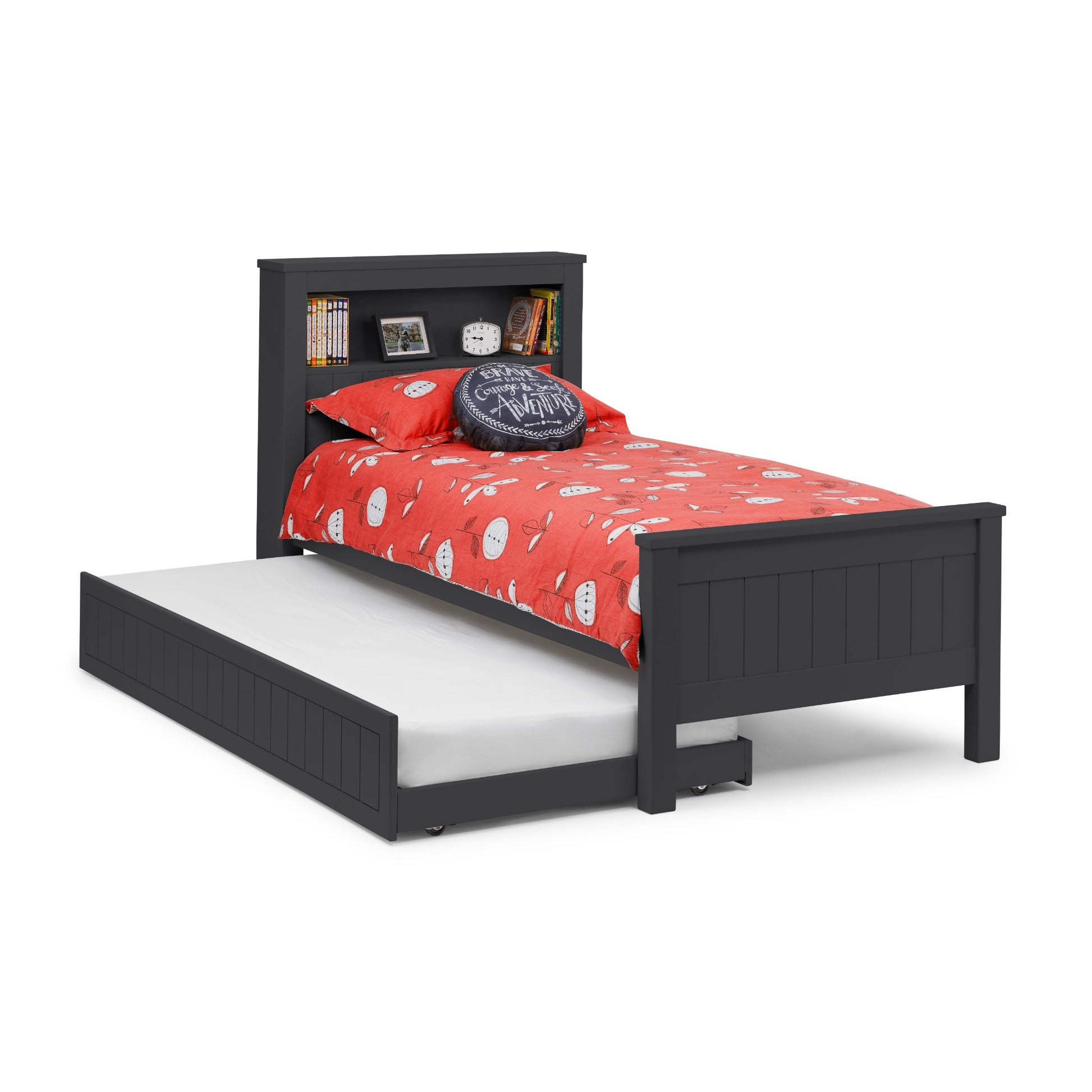 Angled view of Maine Bookcase Single Bed in anthracite with optional trundle