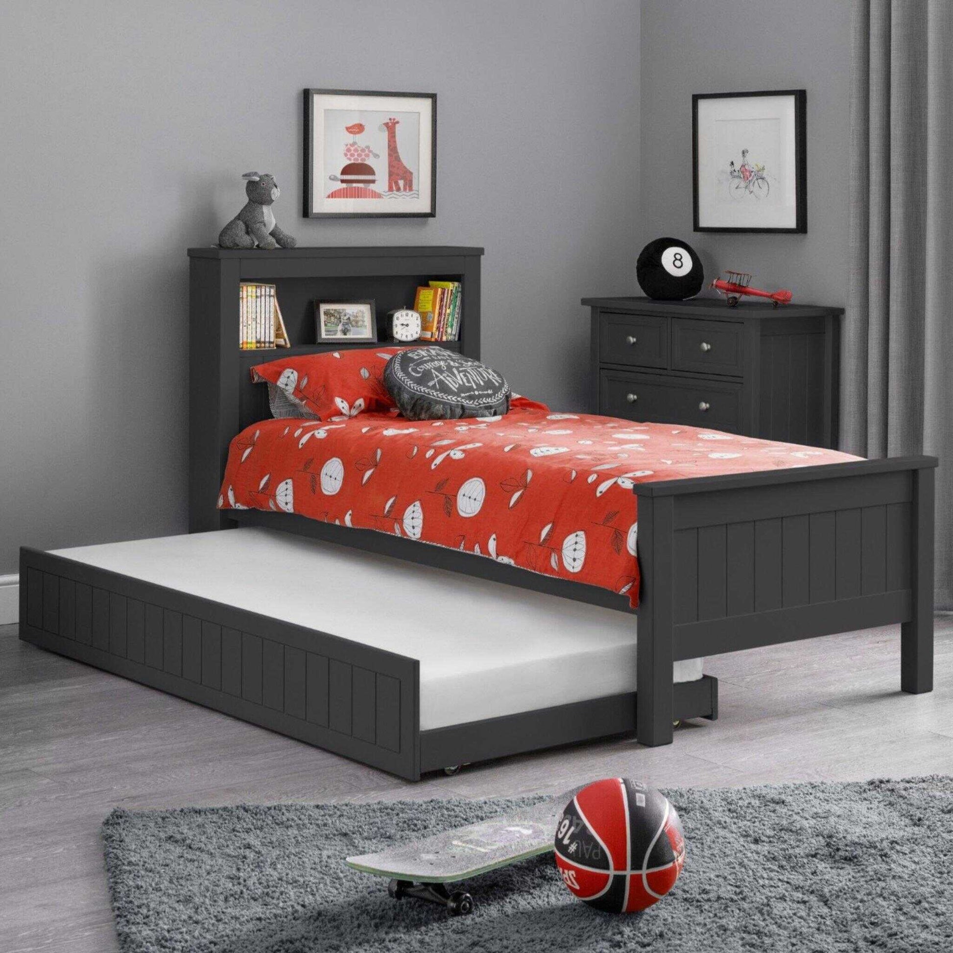Maine Bookcase Single Bed in anthracite with optional trundle extended