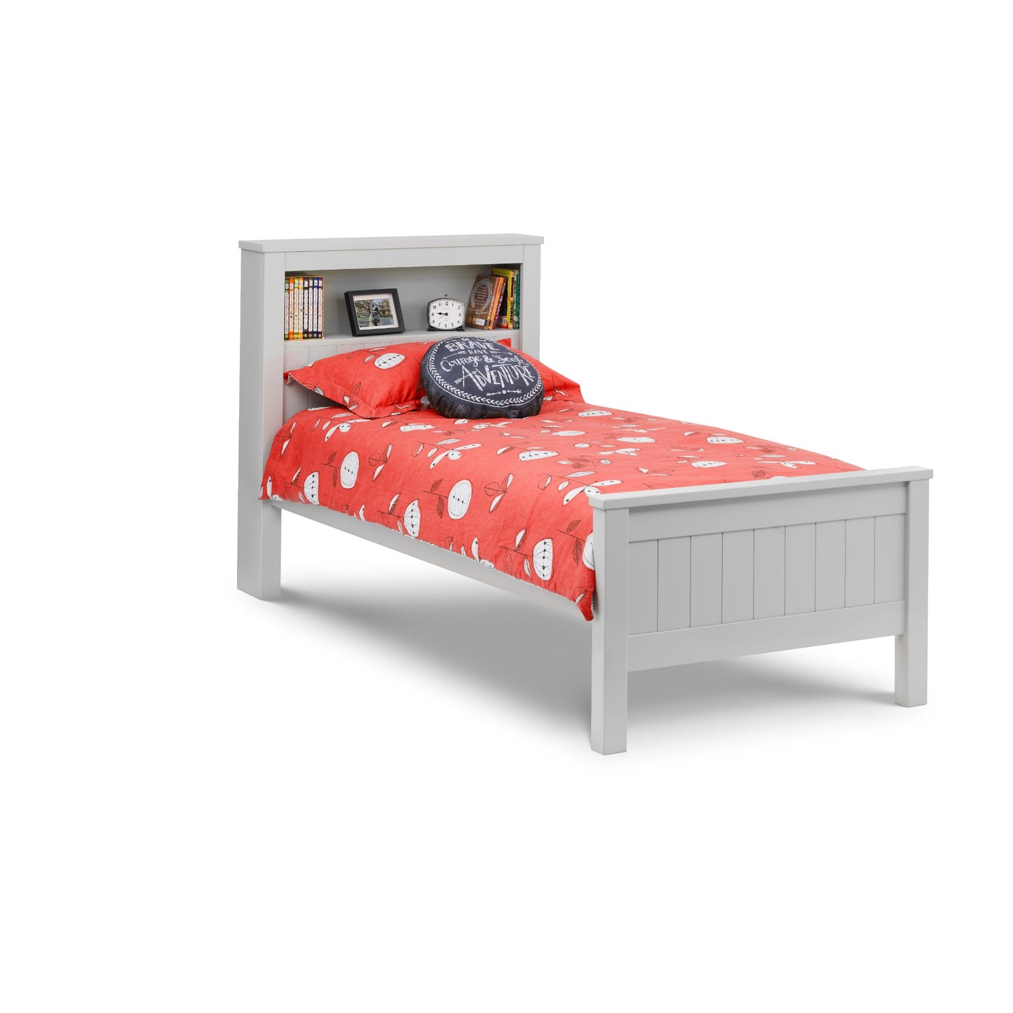 Angled view of Maine Bookcase Single Bed in dove grey