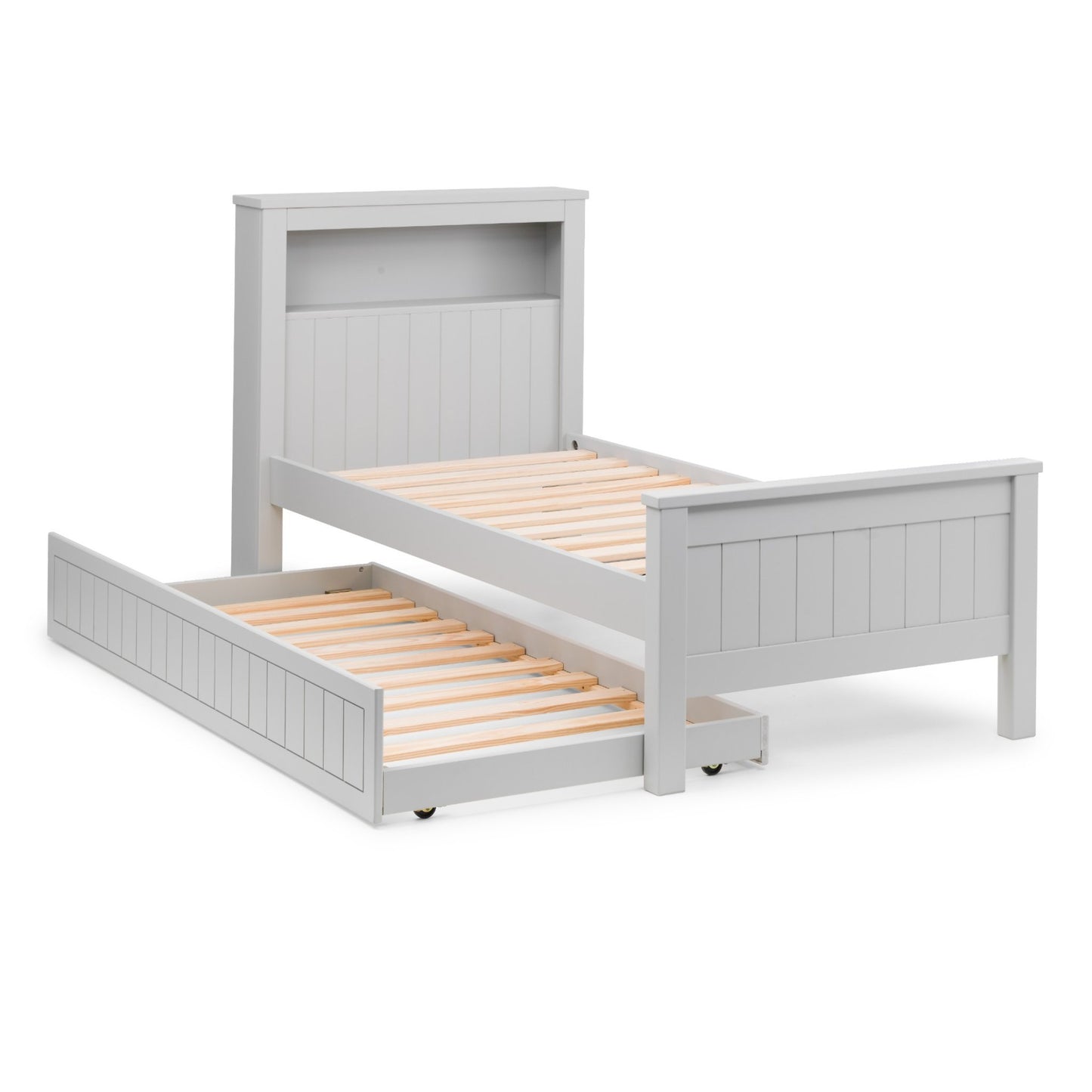 Angled view of Maine Bookcase Single Bed in dove grey with optional trundle