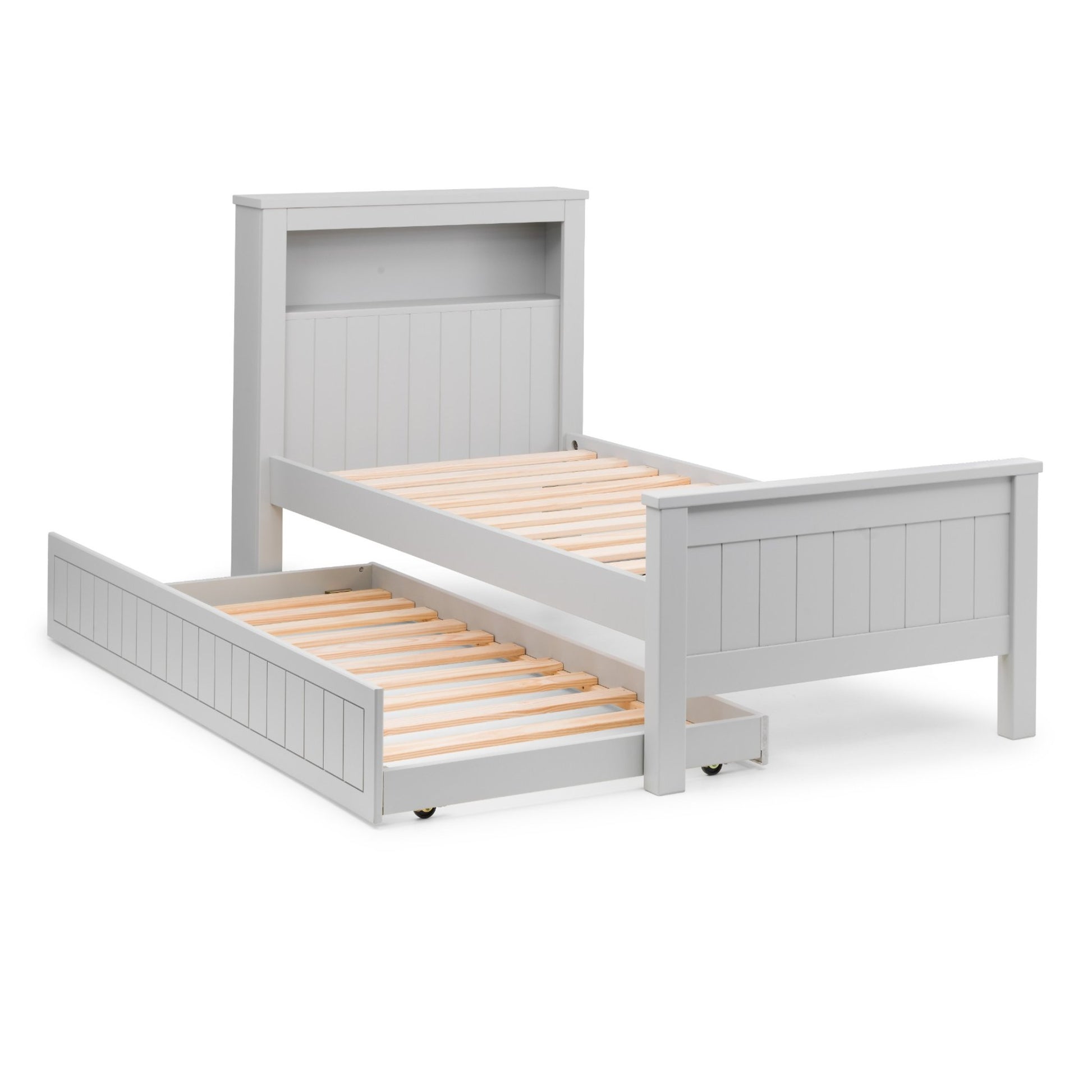 Angled view of Maine Bookcase Single Bed in dove grey with optional trundle