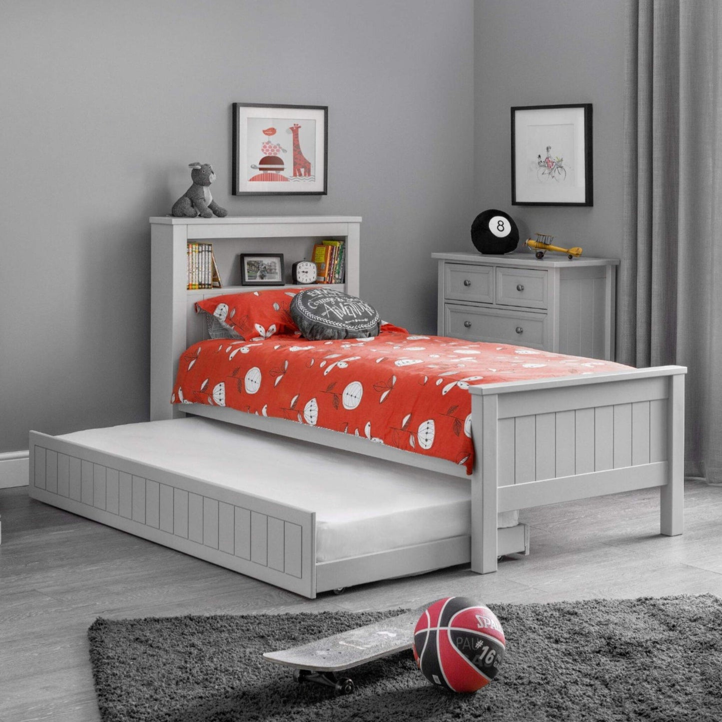 Maine Bookcase Single Bed in dove grey with optional trundle extended