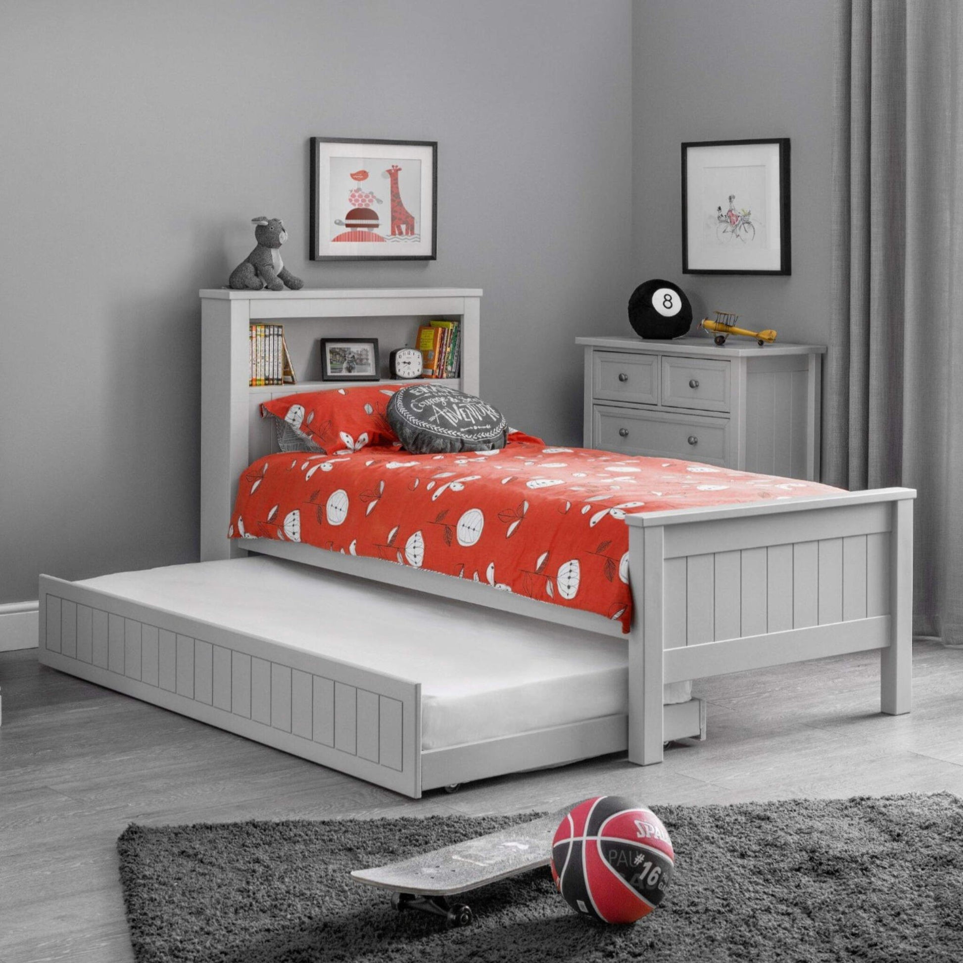 Maine Bookcase Single Bed in dove grey with optional trundle extended