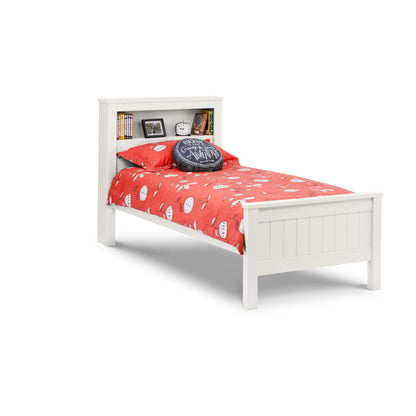 Angled view of Maine Bookcase Single Bed in surf white