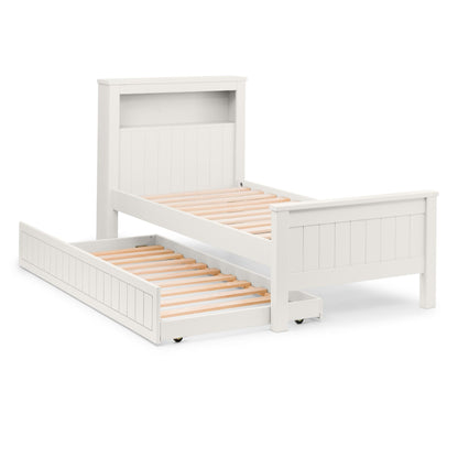 Angled view of Maine Bookcase Single Bed in surf white with optional trundle