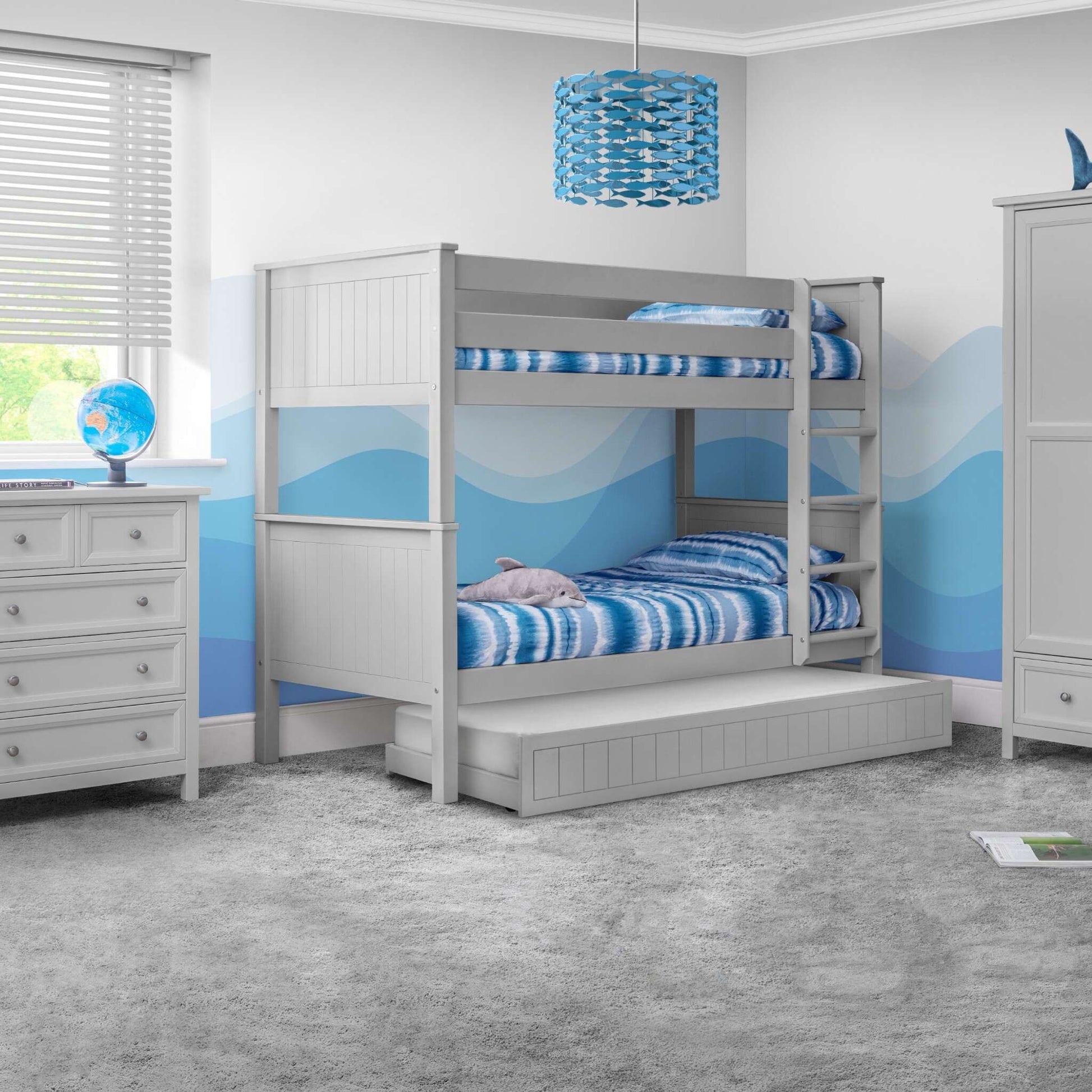 Maine Bunk Bed in dove grey with optional trundle in a bedroom setting