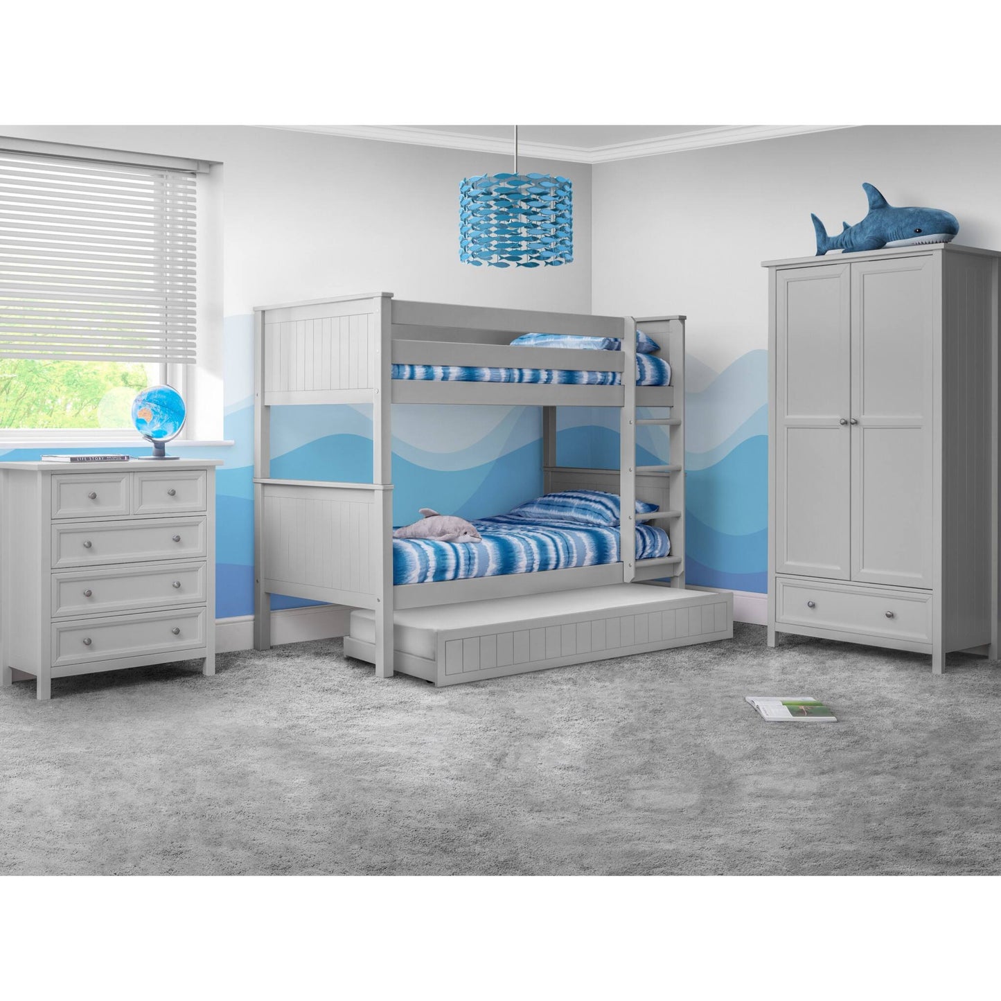 Wider bedroom view of the Maine Bunk Bed finished in dove grey