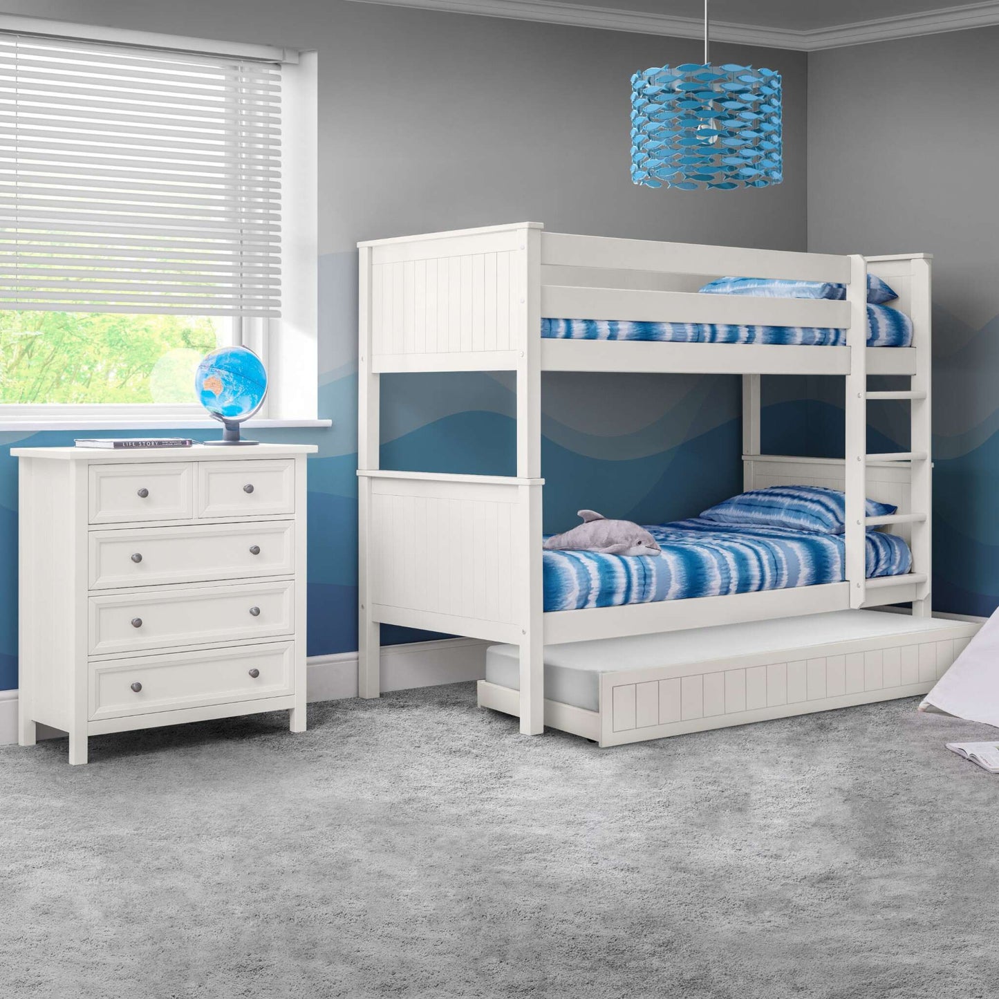 Maine Bunk Bed in surf white with optional trundle in a bedroom setting